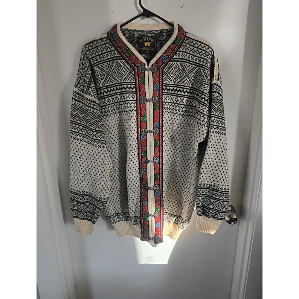 Volund Norway Wool Sweater Womens Large Nordic Knit Silver Clasps Grey Lambswool